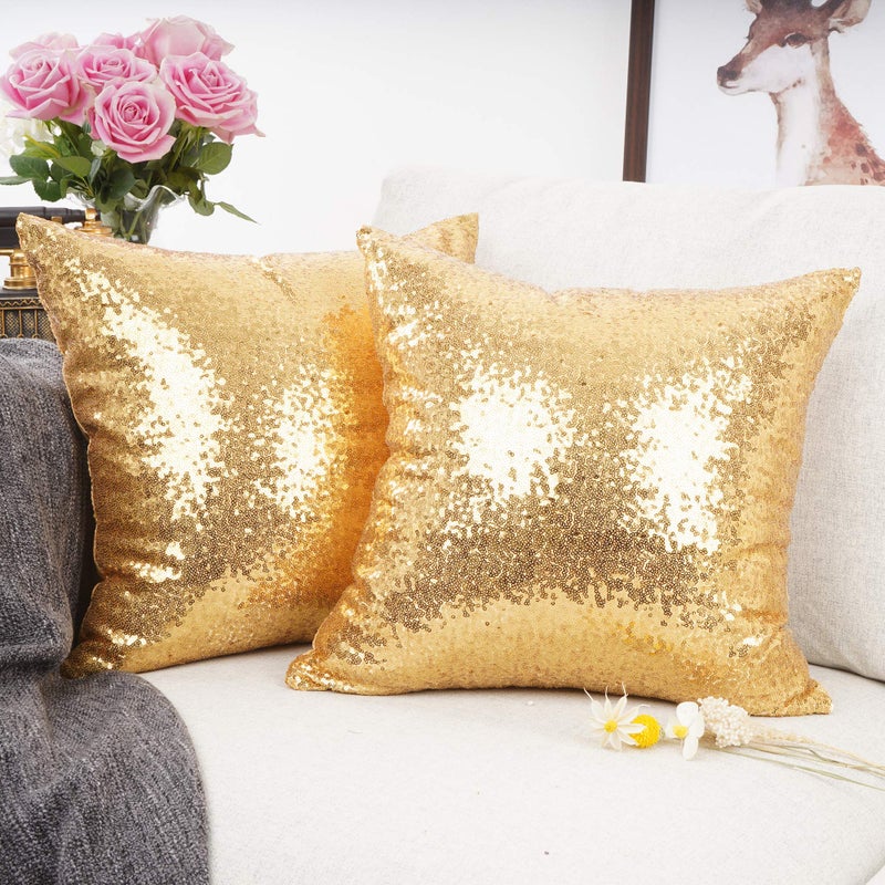YOUR SMILE Pack of 2 New Luxury Series Gold Blink Decorative Glitzy Sequin & Comfy Satin Solid Throw Pillow Cover Cushion Case for Wedding/Christmas,18" x 18" - Image 2